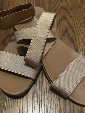 Source Unknown Metallic gold Tan Elastic Strap Sandals Sylvie